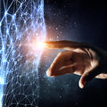 A hand reaching out to touch a complex, glowing blue mesh network or geometric grid against a dark, cosmic background.
