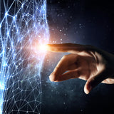 A hand reaching out to touch a complex, glowing blue mesh network or geometric grid against a dark, cosmic background.