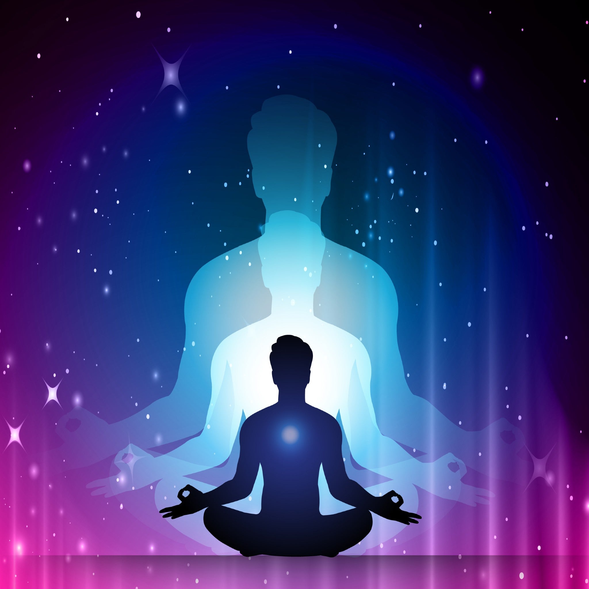 Silhouette of a person meditating with a glowing aura against a starry night sky.