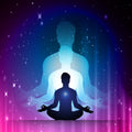 Silhouette of a person meditating with a glowing aura against a starry night sky.