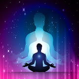Silhouette of a person meditating with a glowing aura against a starry night sky.