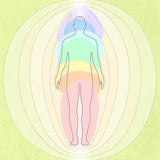 A simple, stylised diagram showing the outline of a standing human figure, filled with coloured bands representing the chakras and surrounded by concentric, oval rings of light-green energy, visually illustrating the energetic field of the aura.