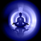 A blue meditating silhouette surrounded by concentric blue and white light rings, symbolising aura strengthening.