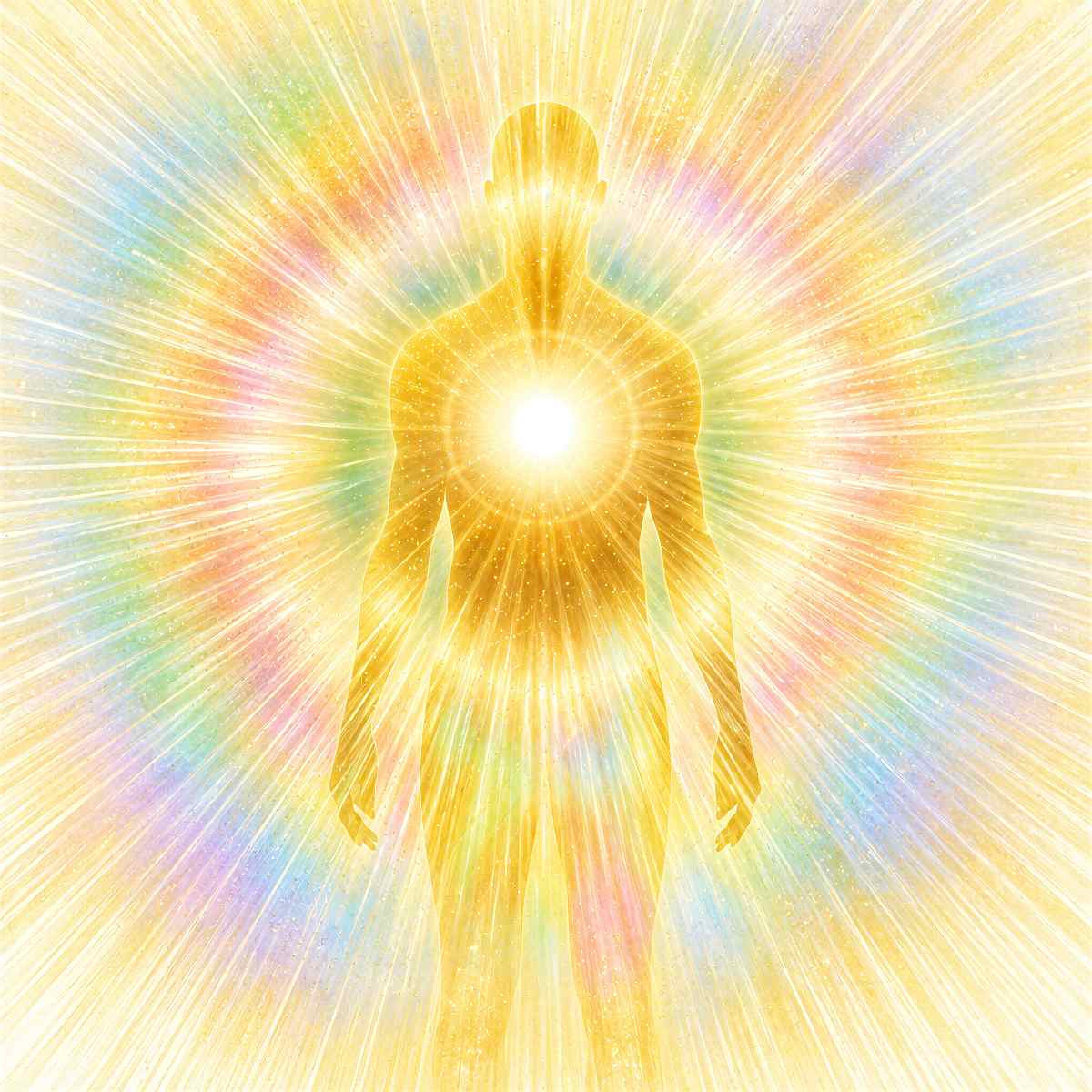 Glowing golden human silhouette radiating vibrant light rays and a colourful pastel aura from a bright heart centre.