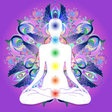 A psychedelic illustration of a white human outline sitting in the lotus position, with the seven main chakras displayed as coloured dots down the centre of the body. The figure is set against a vibrant, highly detailed, multicoloured mandala in neon pink, purple, blue, and green, which is filled with stylised eyes and wings, symbolising the flow of energy that fosters creativity from the blessing of creativity.