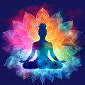 A stunning digital illustration of a meditating figure in a crown, silhouetted in deep blue and turquoise, sitting against a large, glowing, multicoloured lotus flower in shades of pink, red, and orange. The overall vibrant and spiritual imagery suggests the energetic opening associated with the blessing of divine abundance.