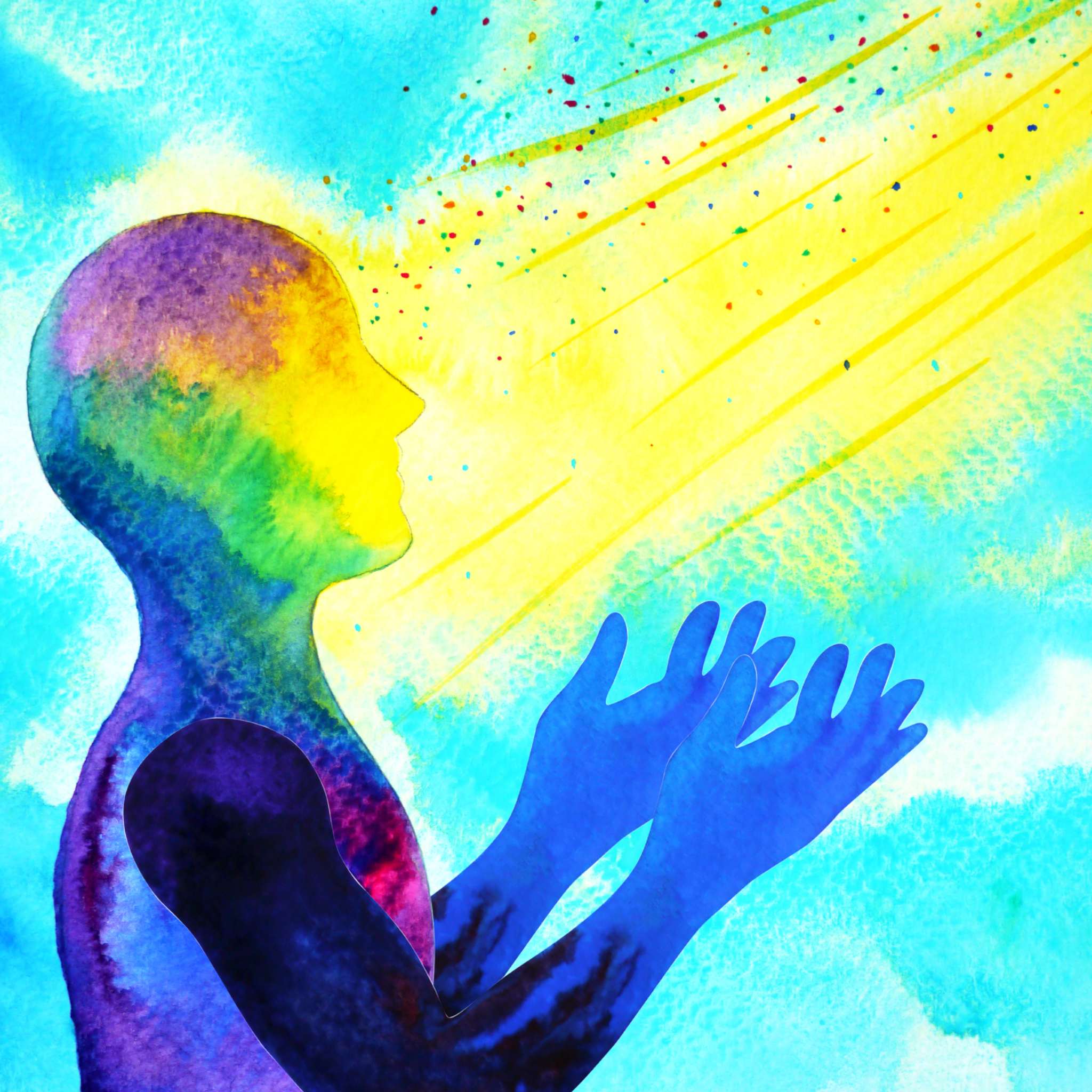 A watercolour painting of a human figure's side profile, with the head and upper body painted in vibrant rainbow colours, representing the chakras or aura. The figure is facing a bright yellow sunbeam, with rays of light and small specks of colourful energy descending onto them from above, symbolising the blessing of divine illumination.