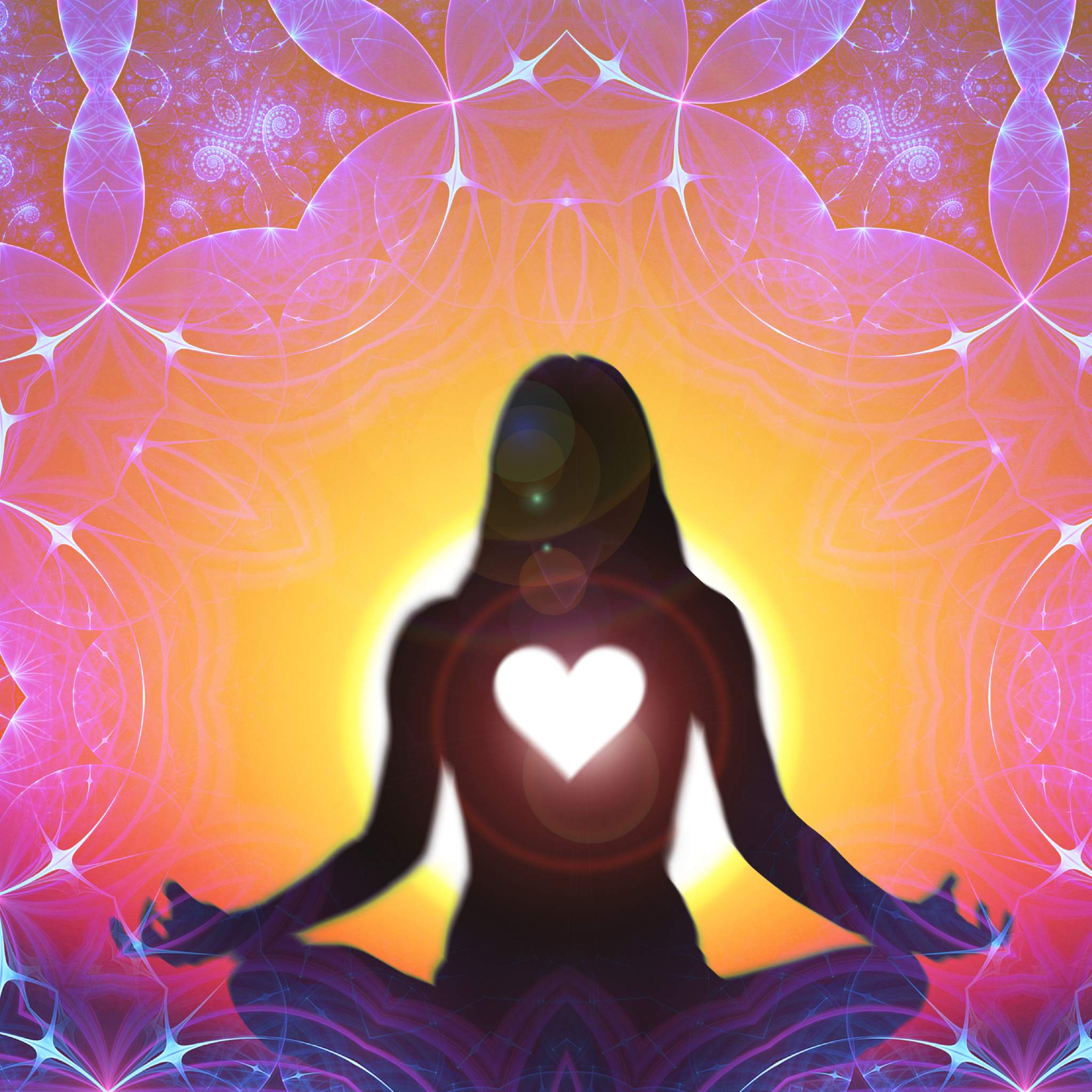 A stunning digital illustration of a seated meditating silhouette with a brilliant white heart shape glowing at the chest centre. The figure is framed by a highly complex, symmetrical, mandala-like pattern in bright orange, pink, and purple, symbolising the balanced and peaceful state achieved through the blessing of harmony treatment.