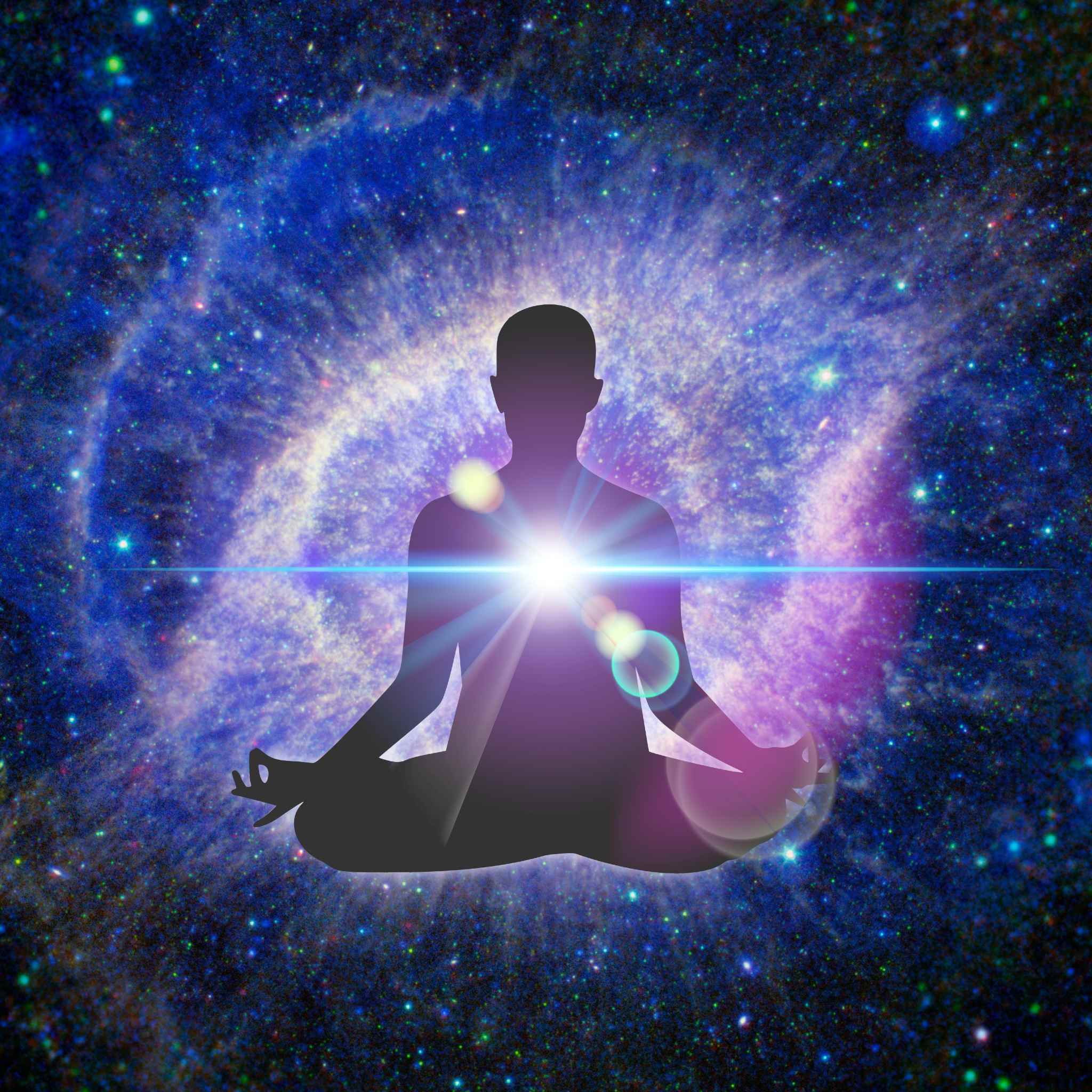 A striking digital silhouette of a figure sitting in a meditation pose against a deep blue and purple cosmic background of stars and nebulae. A brilliant white light with blue lens flares radiates outwards from the centre of the figure's chest, signifying the divine energy and blessing of soulful empowerment.