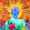 Colourful abstract painting of a figure with a rose and third eye against a vibrant background.