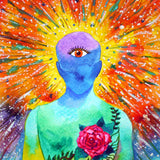 Colourful abstract artwork with a central figure with a large third eye and vibrant background.