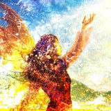 A double-exposure style image of a person with arms raised in empowerment, overlaid with vivid, swirling artistic textures in shades of yellow, orange, and blue.