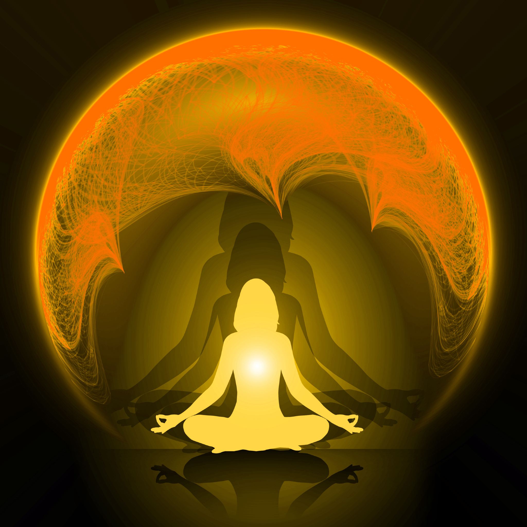 Silhouette of a meditating person with a glowing orange protective circle.
