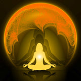 Silhouette of a meditating person with a glowing orange carnelian crystal energy protective circle.