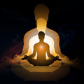 Illustration of a person meditating with a larger silhouette behind them, set against a dark background.