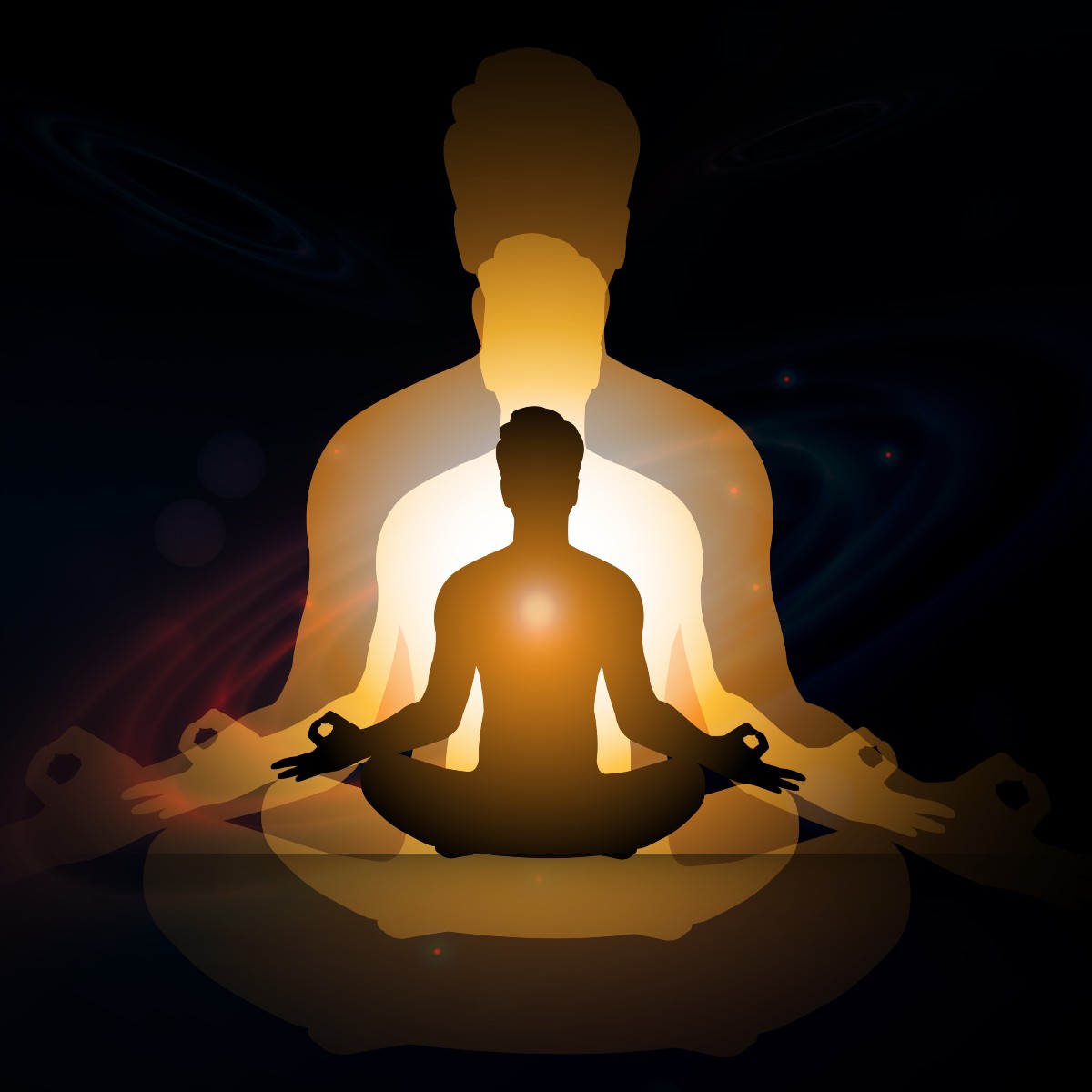 Illustration of a person meditating with a larger silhouette behind them, set against a dark background.