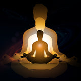 Illustration of a person meditating with a larger silhouette behind them, set against a dark background.