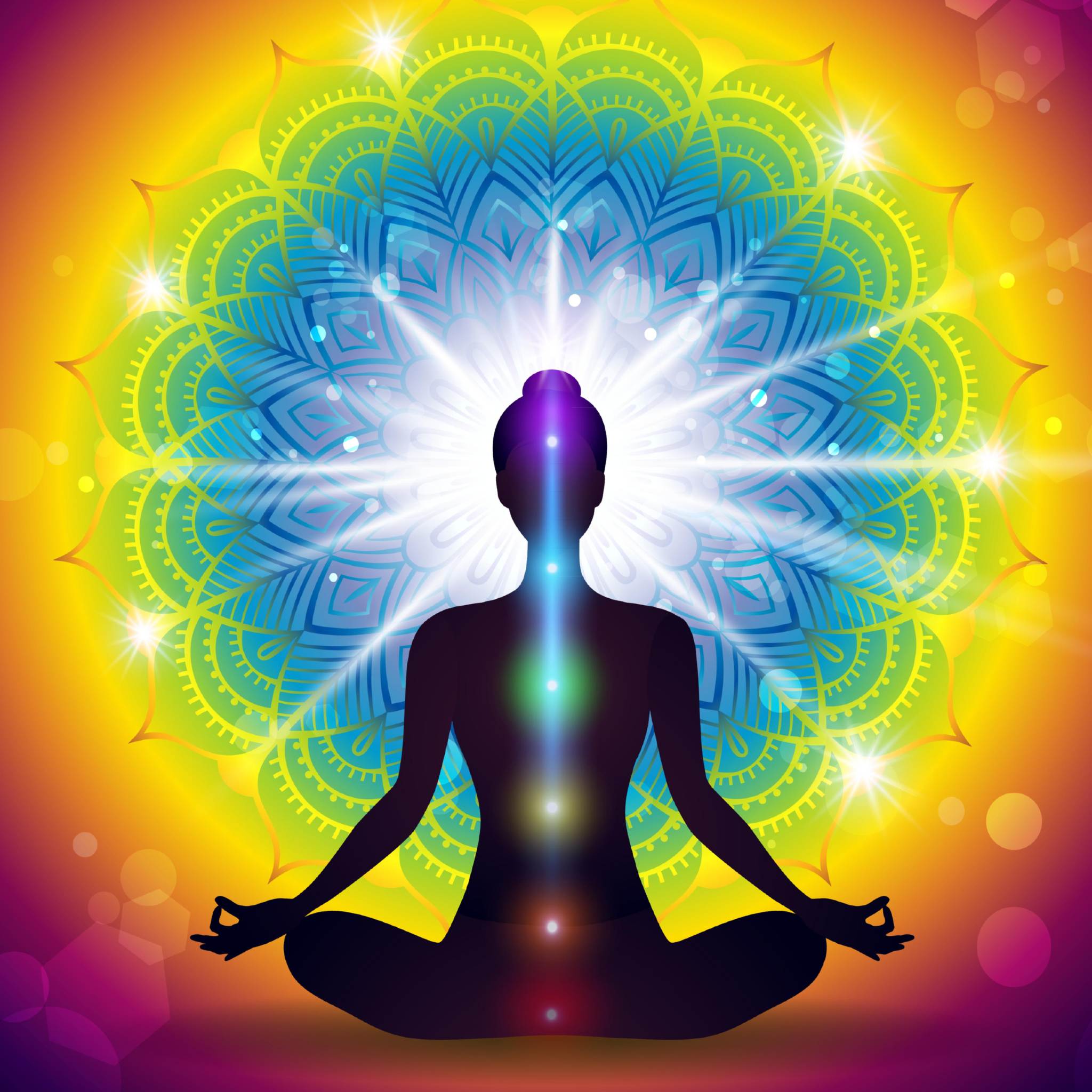 Cerebellum Chakra Activation Maintenance Attunement: silhouette of a meditating figure with an illuminated head and chakra column, set against a vibrant yellow and blue mandala.