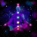 Silhouette of a person in meditation with chakra colours on a starry space background.