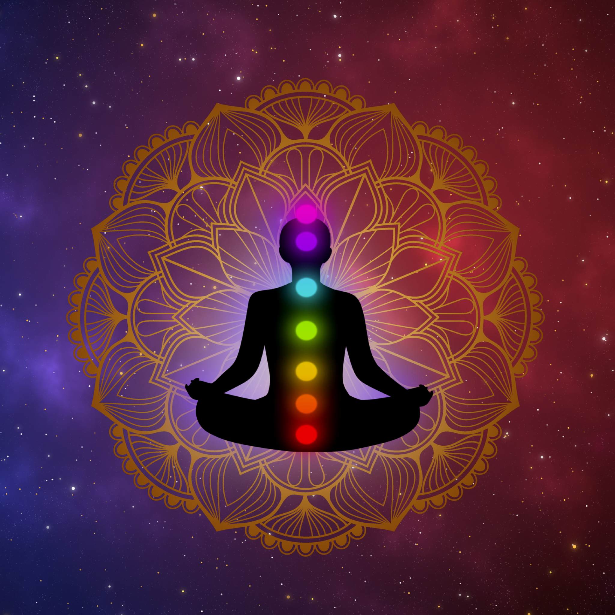 A black silhouette of a person meditating in the lotus pose, with seven small, brightly coloured dots aligned vertically to represent the chakras. The figure is centred inside a large, intricate golden mandala set against a deep red, purple, and blue cosmic starry background.