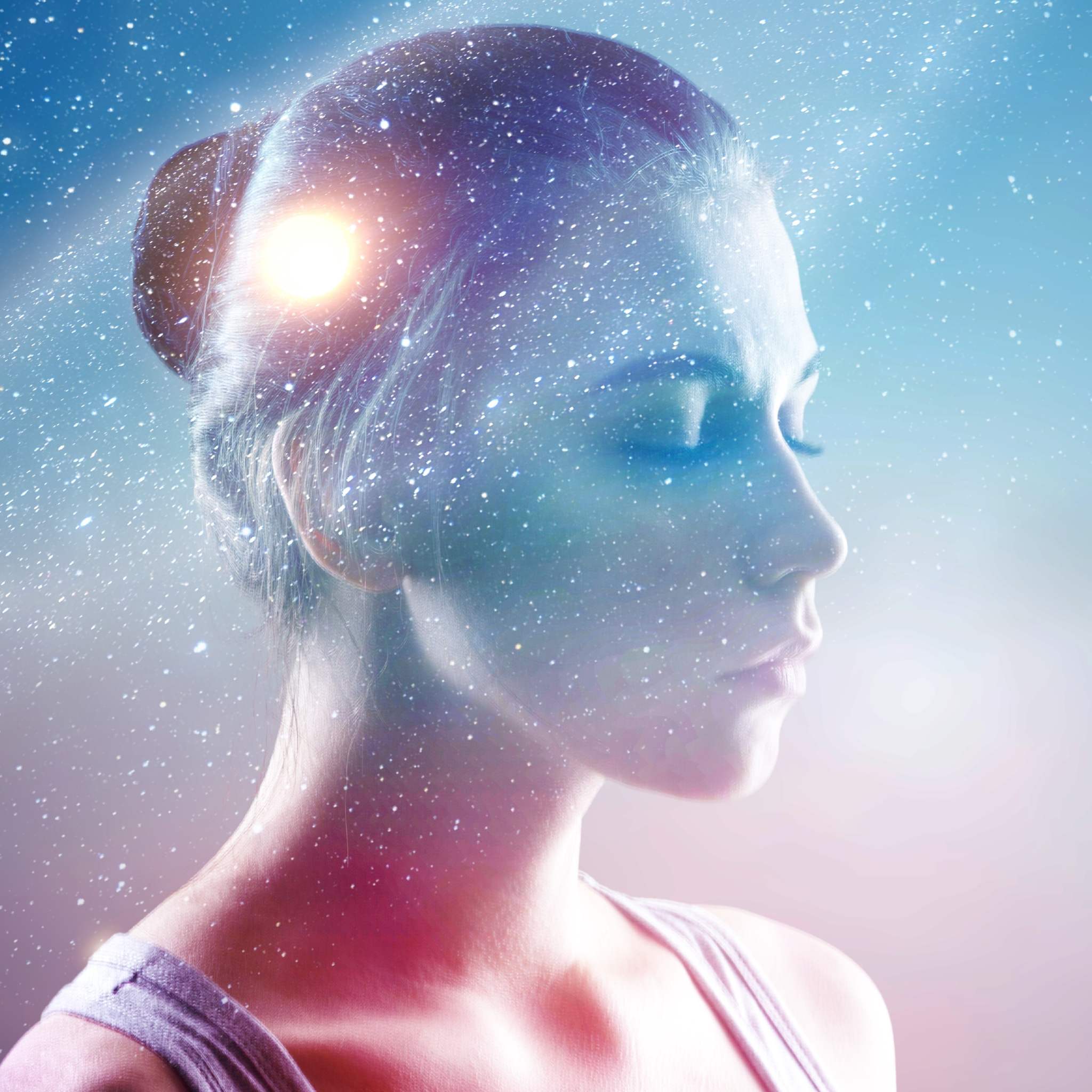 A serene profile of a woman with her eyes closed, with her head and hair dissolving into the cosmos and a bright, golden flash of spiritual knowledge illuminating her forehead.
