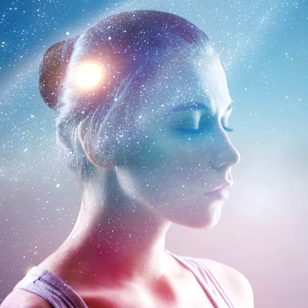 Woman's profile with a star-like light source over her head against a starry background.