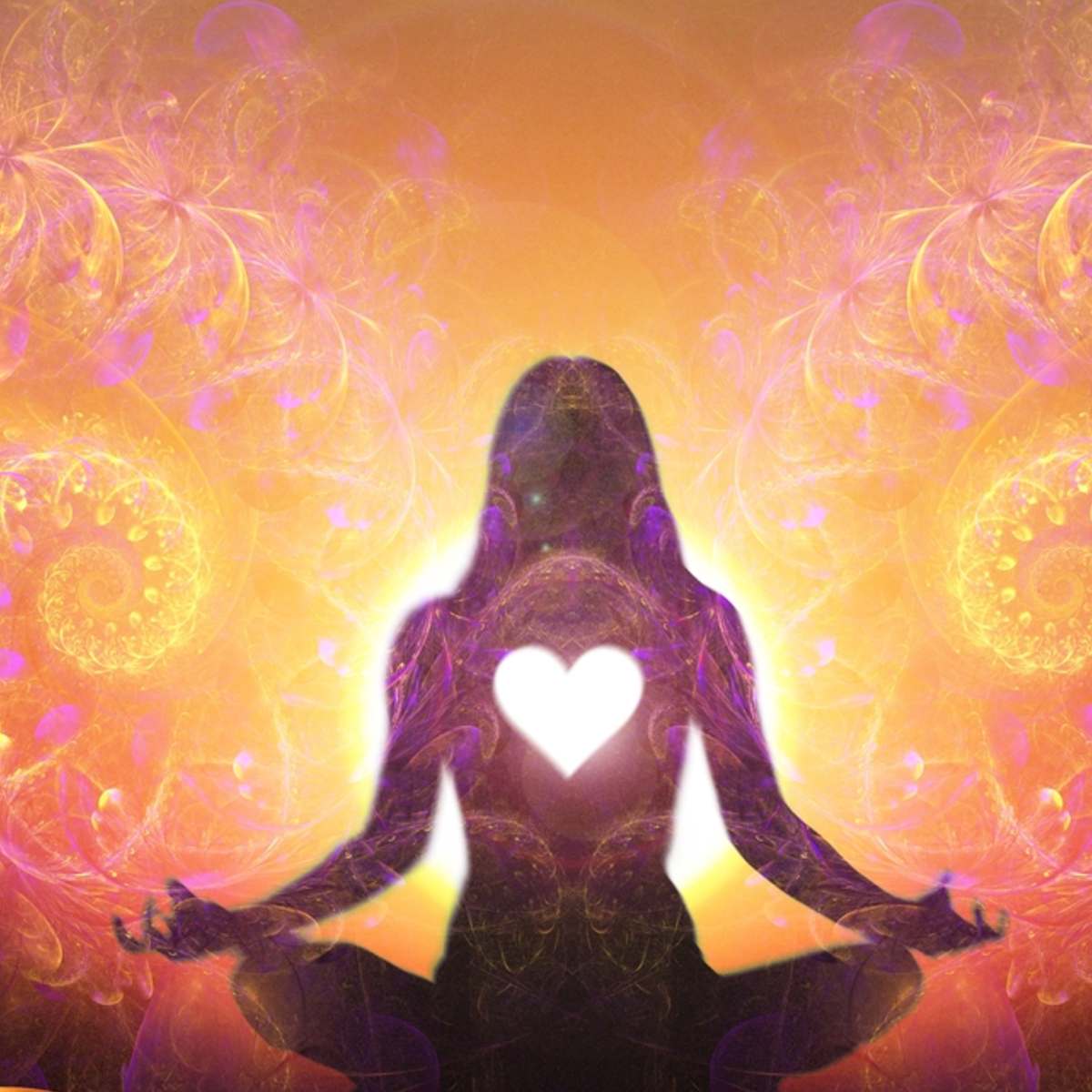 Silhouette of a person in meditation with a heart symbol, surrounded by vibrant mandala patterns.