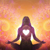 Silhouette of a person in meditation with a heart symbol, surrounded by vibrant mandala patterns.