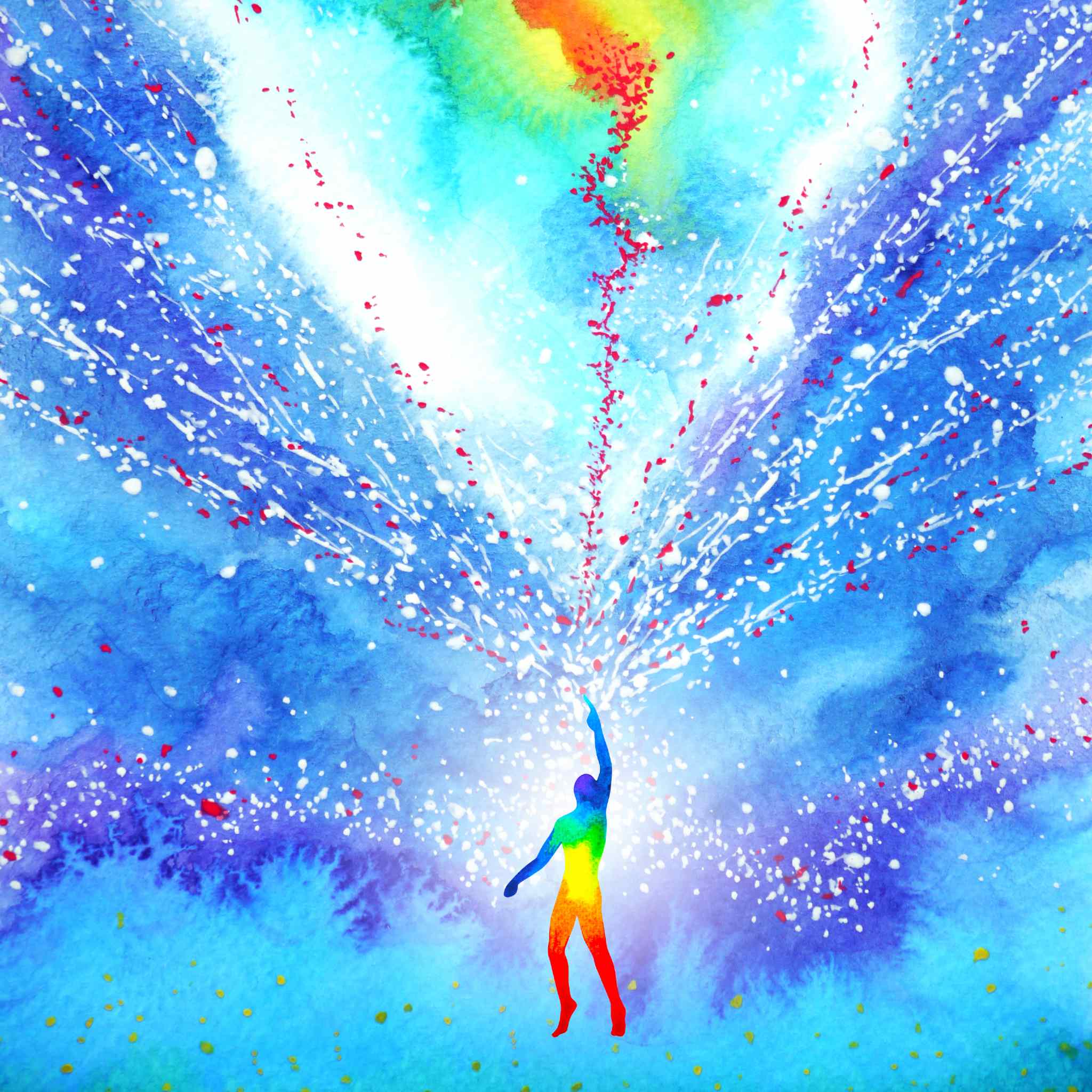 A watercolour painting of a rainbow-coloured person reaching up to a white explosion of light and sparks against a blue background.