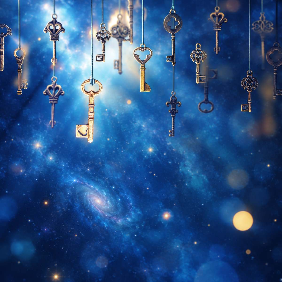 Floating golden keys agains a blue starry cosmic background.