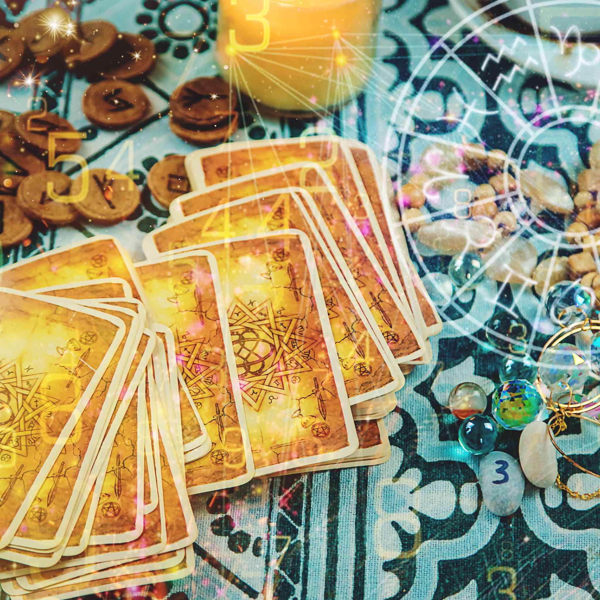 A richly textured, close-up photograph of several tools used for divination, including a fan of amber-toned Tarot cards, wooden runes, crystals, and a glowing candle, all resting on a patterned cloth. The image has a soft, glowing light and subtle overlaid geometric patterns, representing the clarity sought through the divination path alignment dedication.