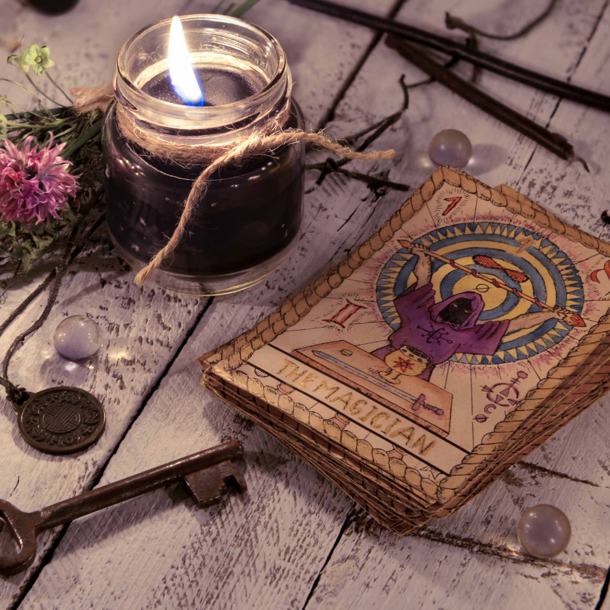 A still life of a lit candle, an old key, and a deck of tarot cards representing the divination rite.