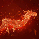 Geometric dragon design on a red and black background.