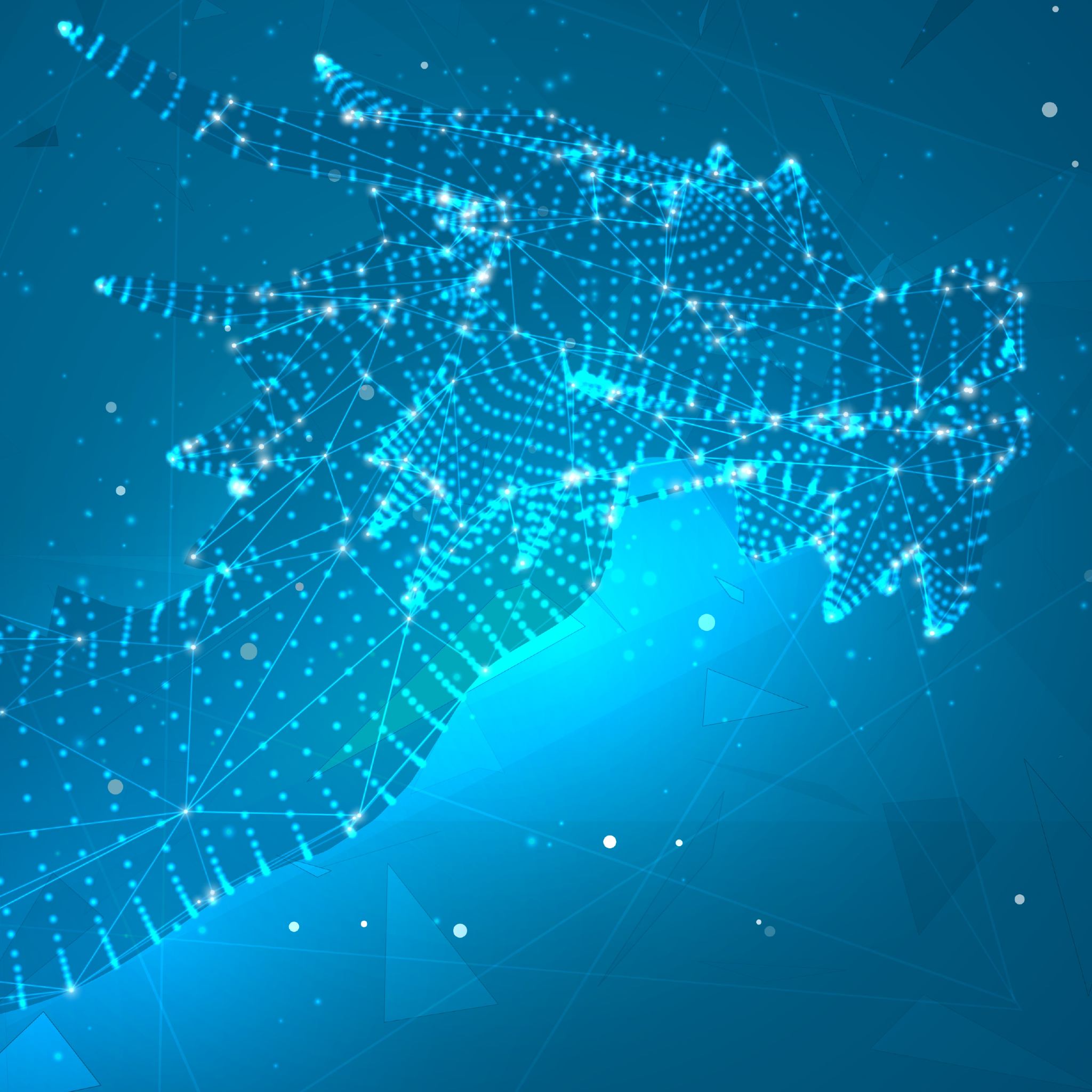 A digital illustration of a stylised dragon head in profile, composed of bright blue and white dots and interconnected lines, creating a glowing wireframe effect. The background is a solid, deep blue with faint geometric shapes, representing the powerful energy of dragon elemental connections.