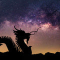 Silhouette of a dragon against a starry night sky with the Milky Way.