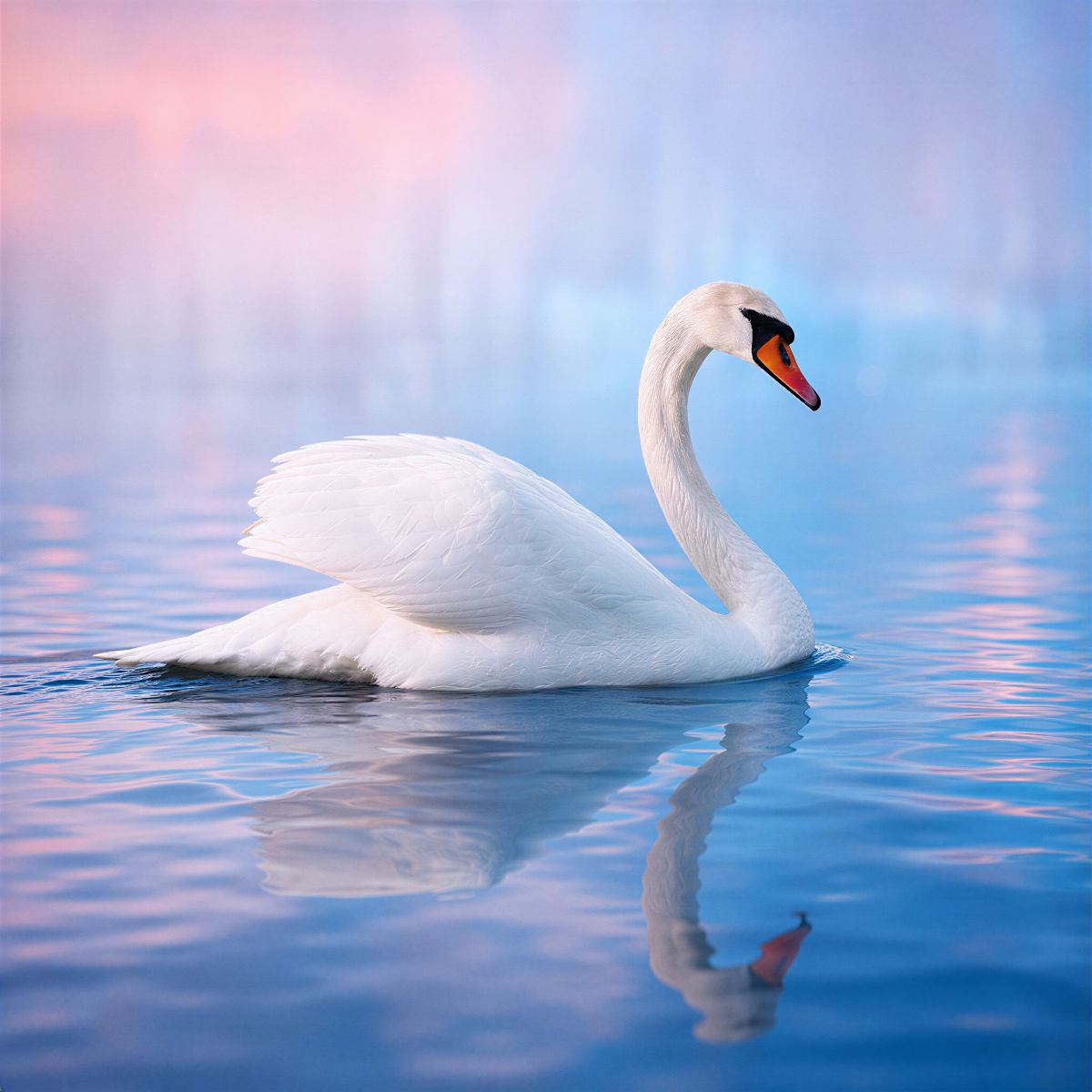 Beautiful regal adult swan gliding on calm water with light blue and tinges of pink background.