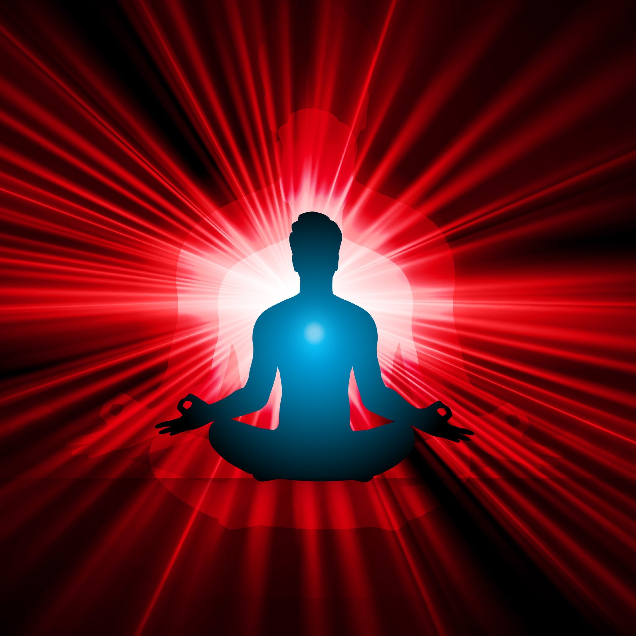 Silhouette of a meditating person with a bright light and red radiating lines in the background, representing 396 Solfege energy connections. 