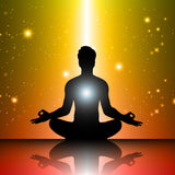 Silhouette of a meditating person against a vibrant, starry background, representing 417 Solfege energy connections.