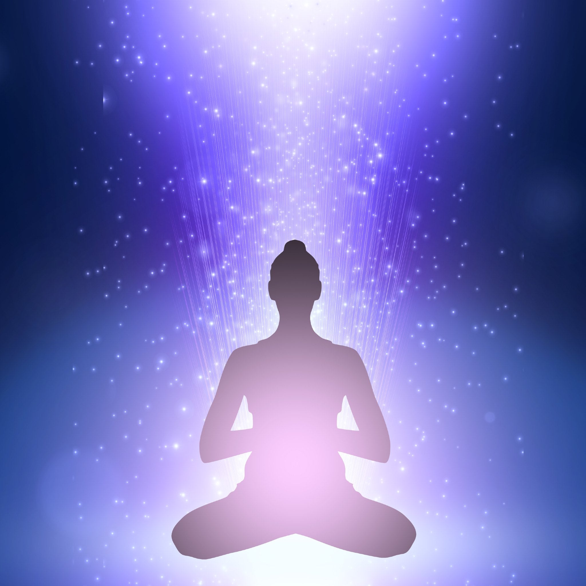 Silhouette of a person meditating with a radiant light effect on a blue background representing 741 solfege energy connections.