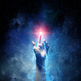 A hand reaching upward into the deep starry night sky, touching a bright red point of light while blue, electrical energy flows around the arm, symbolising dynamic cosmic connection.