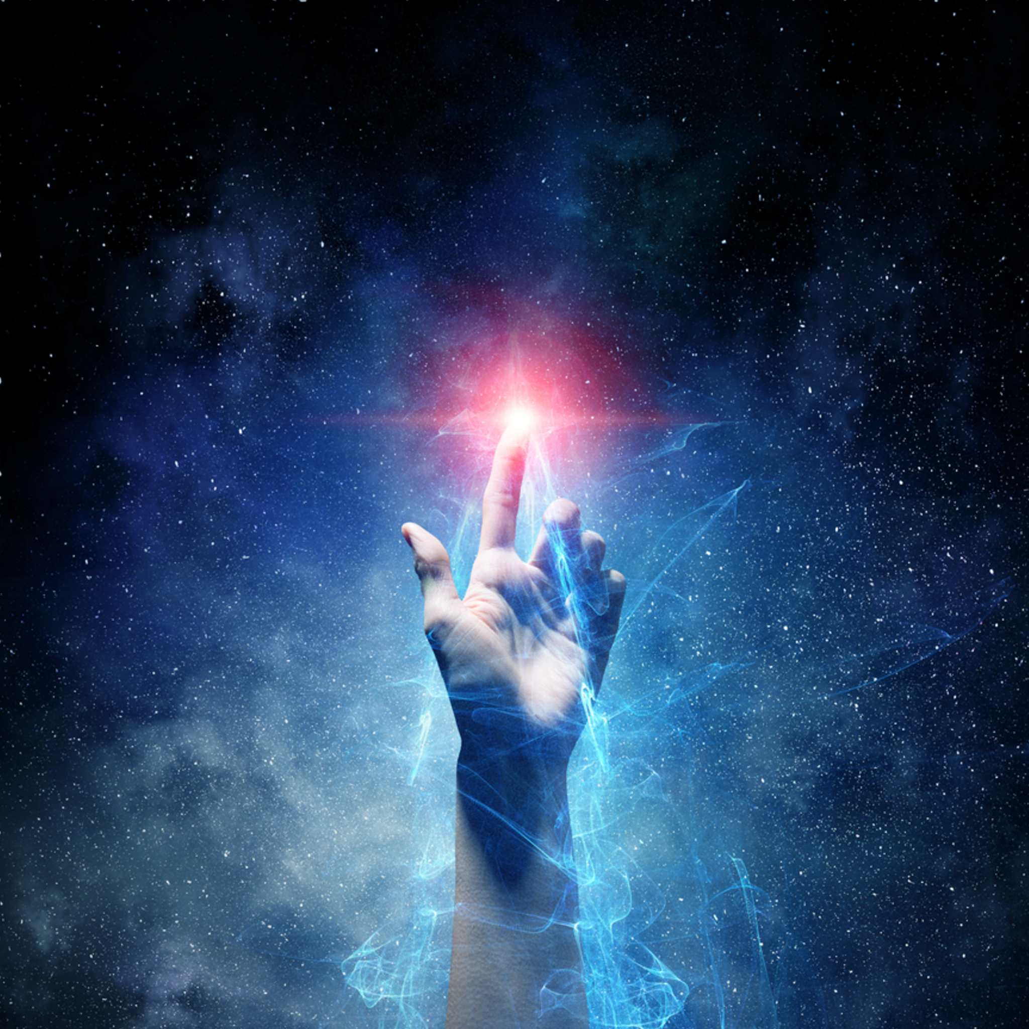 A hand reaching upward into the deep starry night sky, touching a bright red point of light while blue, electrical energy flows around the arm, symbolising dynamic cosmic connection.