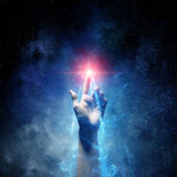 A hand reaching up into the deep starry night sky with electrical energy flows around the arm.