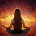 Person meditating with a starry, cosmic background.