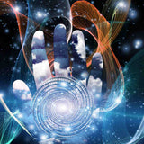 Digital artwork of a hand with abstract energies and cosmic elements.