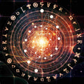 Circular alchemy design with glowing centre, symbols, and text on a dark background.
