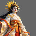 Statue of a Goddess Amaterasu with intricate clothing and headpiece.