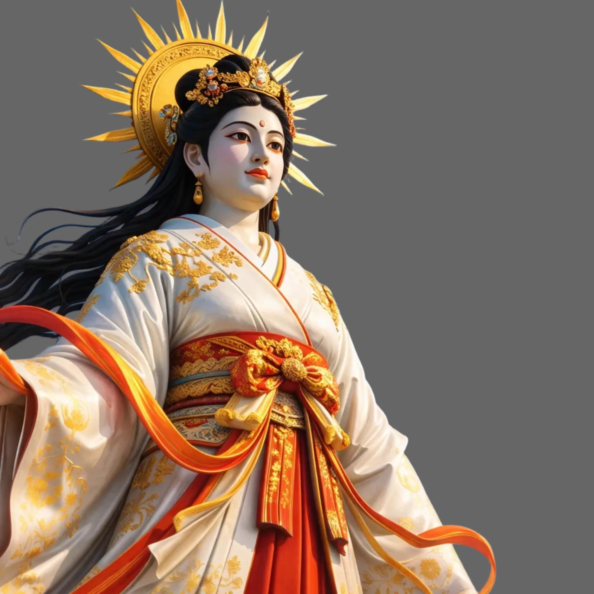 Statue of a Goddess Amaterasu with intricate clothing and headpiece.