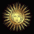 Gold sun with the god Apollo's face design on a black background.