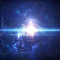 Nebula with a bright central star and blue rays of Arcturian energy in space.