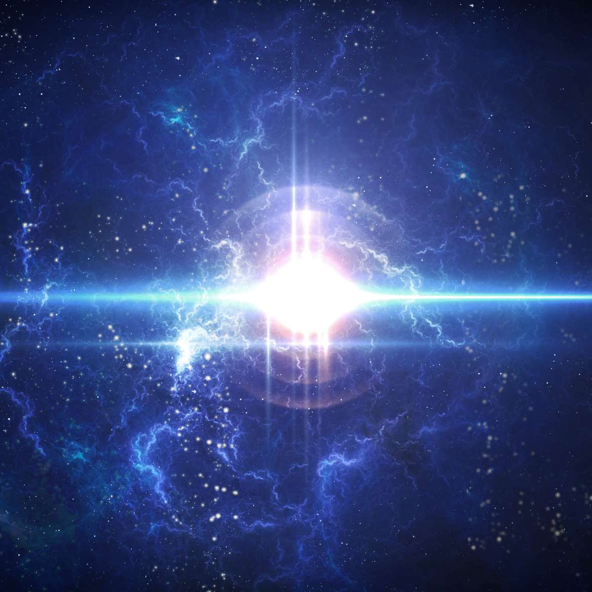 Nebula with a bright central star and blue rays of Arcturian energy in space.